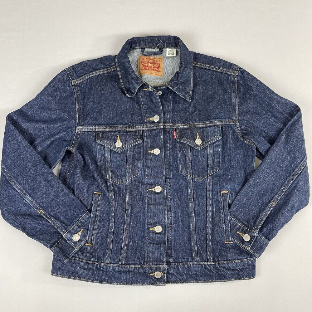 Levi's Ex-Boyfriend Trucker Jacket Women's Medium Dark Blue Denim Logo on Back